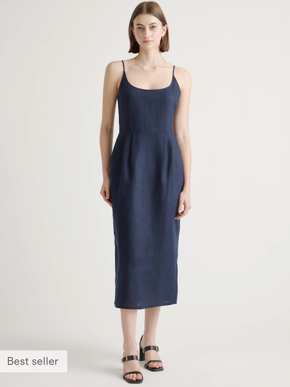 QUINCE • 100% European Linen Scoop Neck Midi Dress - Navy Medium
